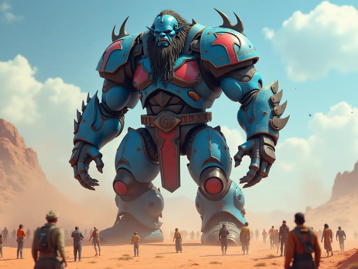 Create for me a 20 meter Android Titan Cyber Troll in blue red with armor in a vast desert with many people.