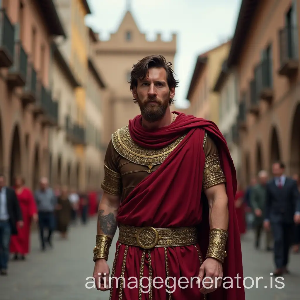 have lionel messi dressed as an ancient Roman in a medieval street