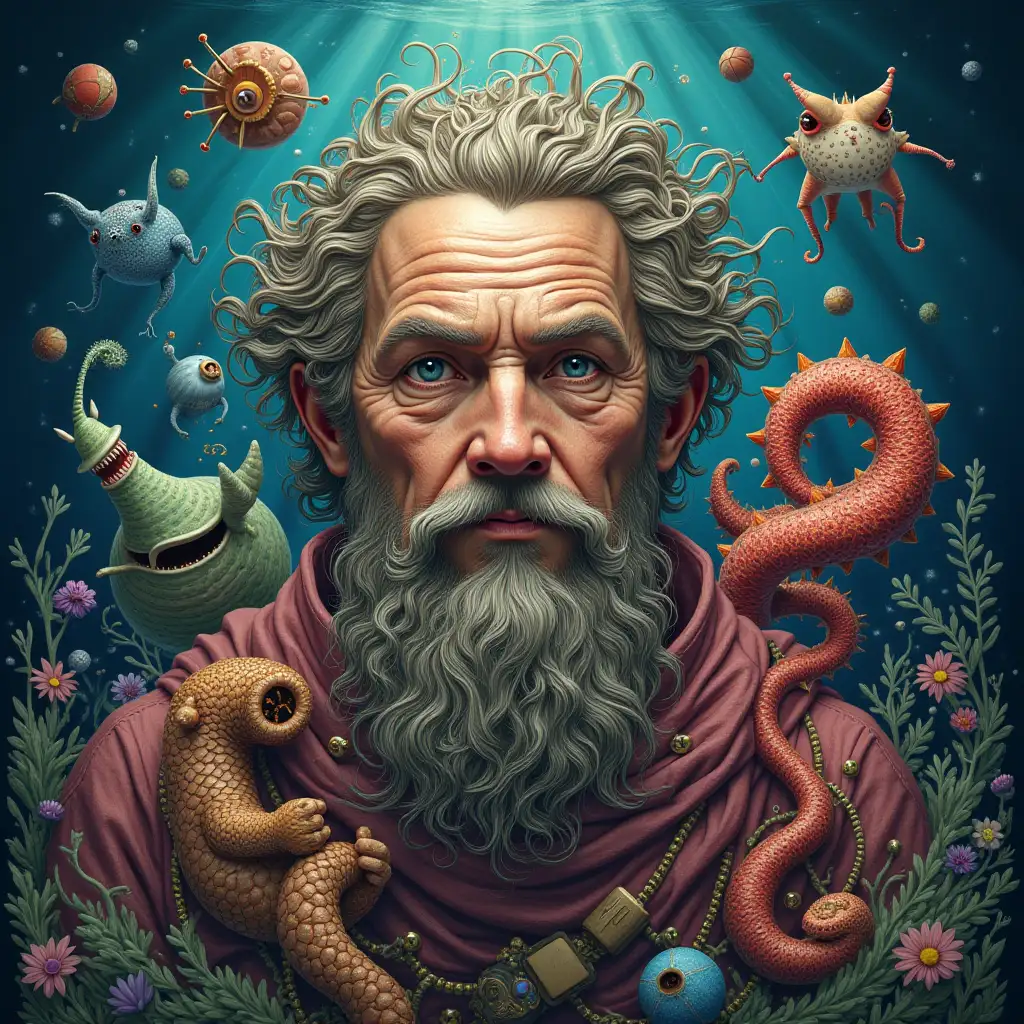 Ultra-detailed hyperrealistic portrait  Multiverse time traveler with various strange creatures The elaborately detailed, colorful sea background