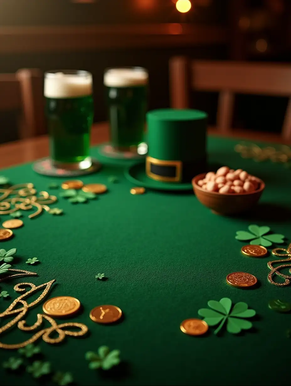 Create an image of a St. Patrick’s Day-inspired table. The table is covered with a green felt surface adorned with Celtic patterns and shamrocks. Golden coins, four-leaf clovers, and leprechaun hats are scattered around. A few frothy pints of green beer sit nearby, along with a bowl of lucky charms. The scene is illuminated by warm pub lighting, creating a cozy and festive Irish atmosphere.