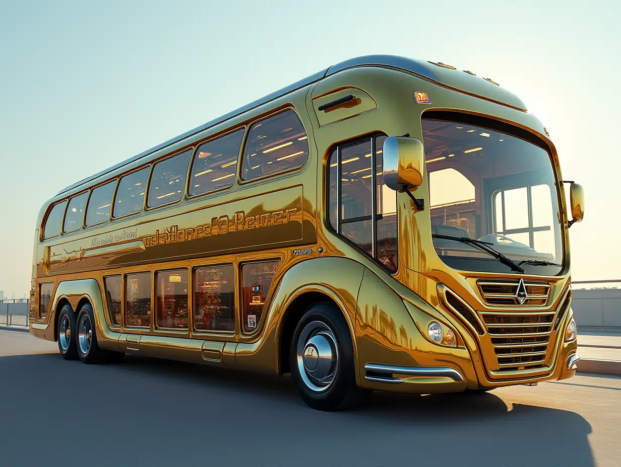 A super modern bus with a ten-story high gold and silver building with chrome wheels Cyberpunk