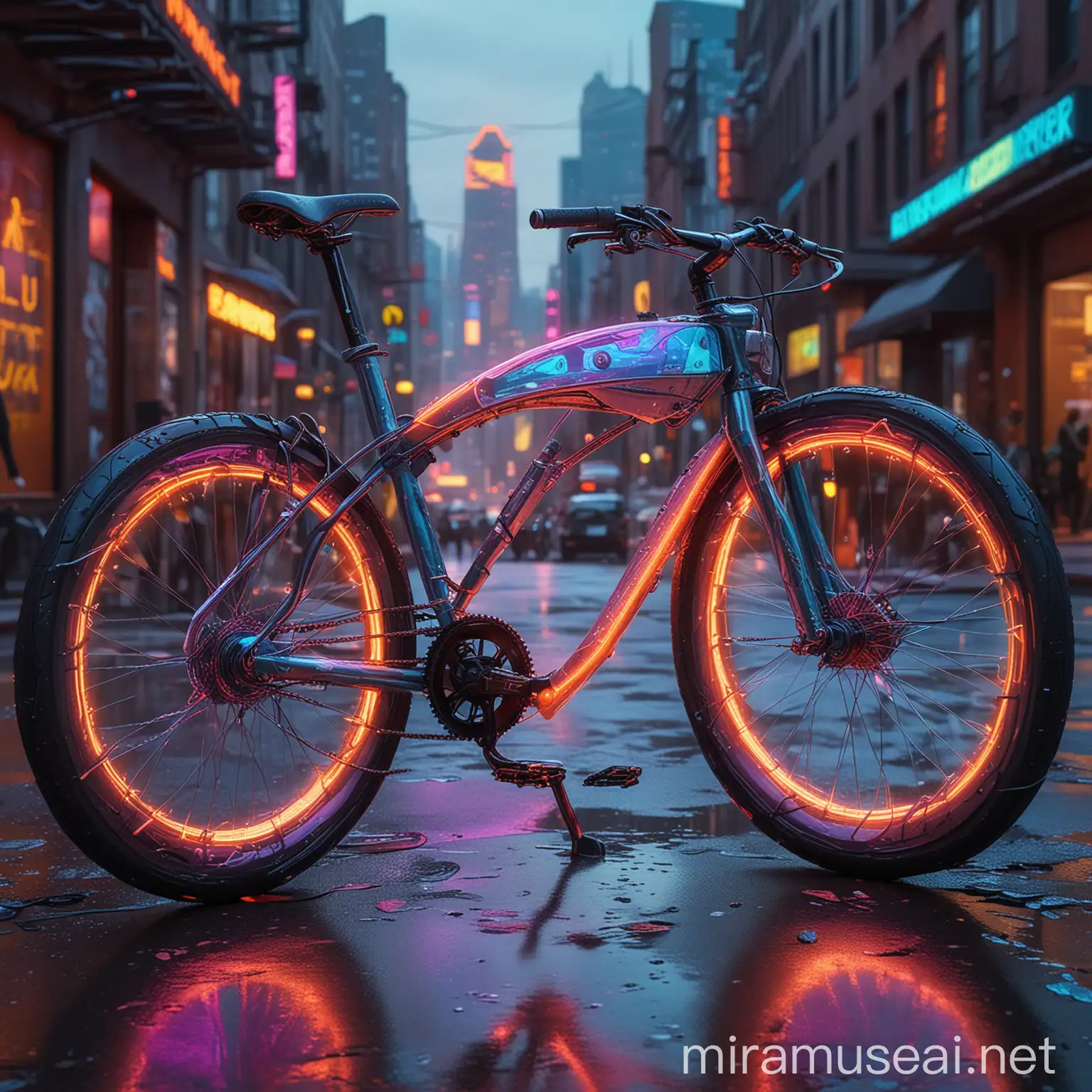 Futuristic HighTech Bicycle with Impenetrable Holographic Shield in Vibrant Sunset Cityscape