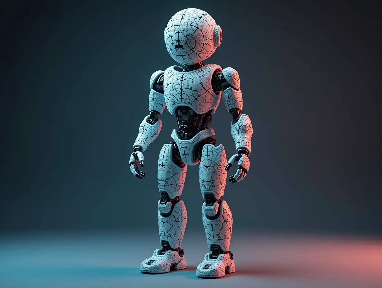 Create a high-resolution, realistic image of an artificial intelligence Fractal colored fractal humanoid robot, on the photo studio floor at 4-k resolution.