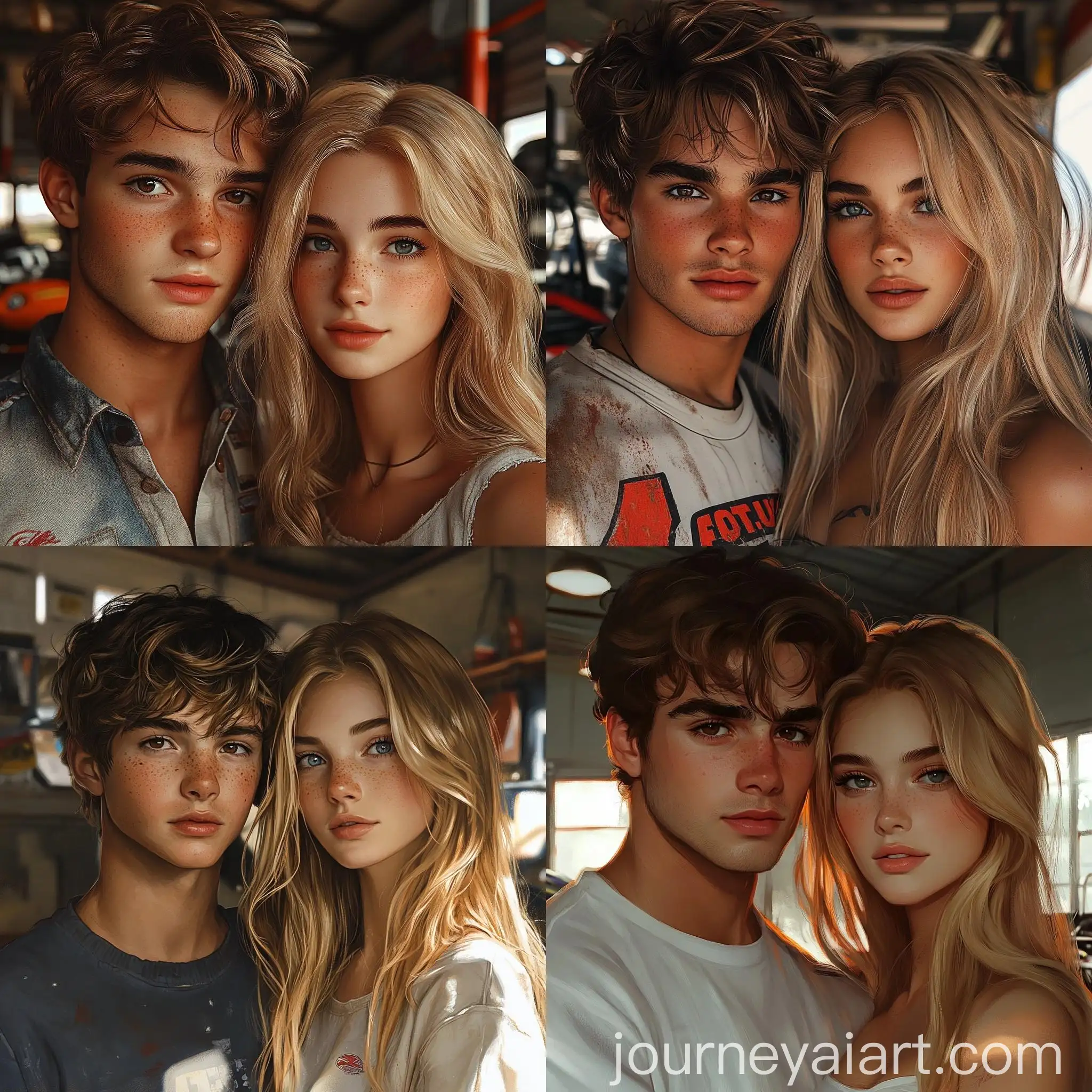Young-Couple-in-GoKart-Garage-Boy-with-Messy-Dark-Blonde-Hair-and-Girl-with-Long-Light-Blonde-Hair