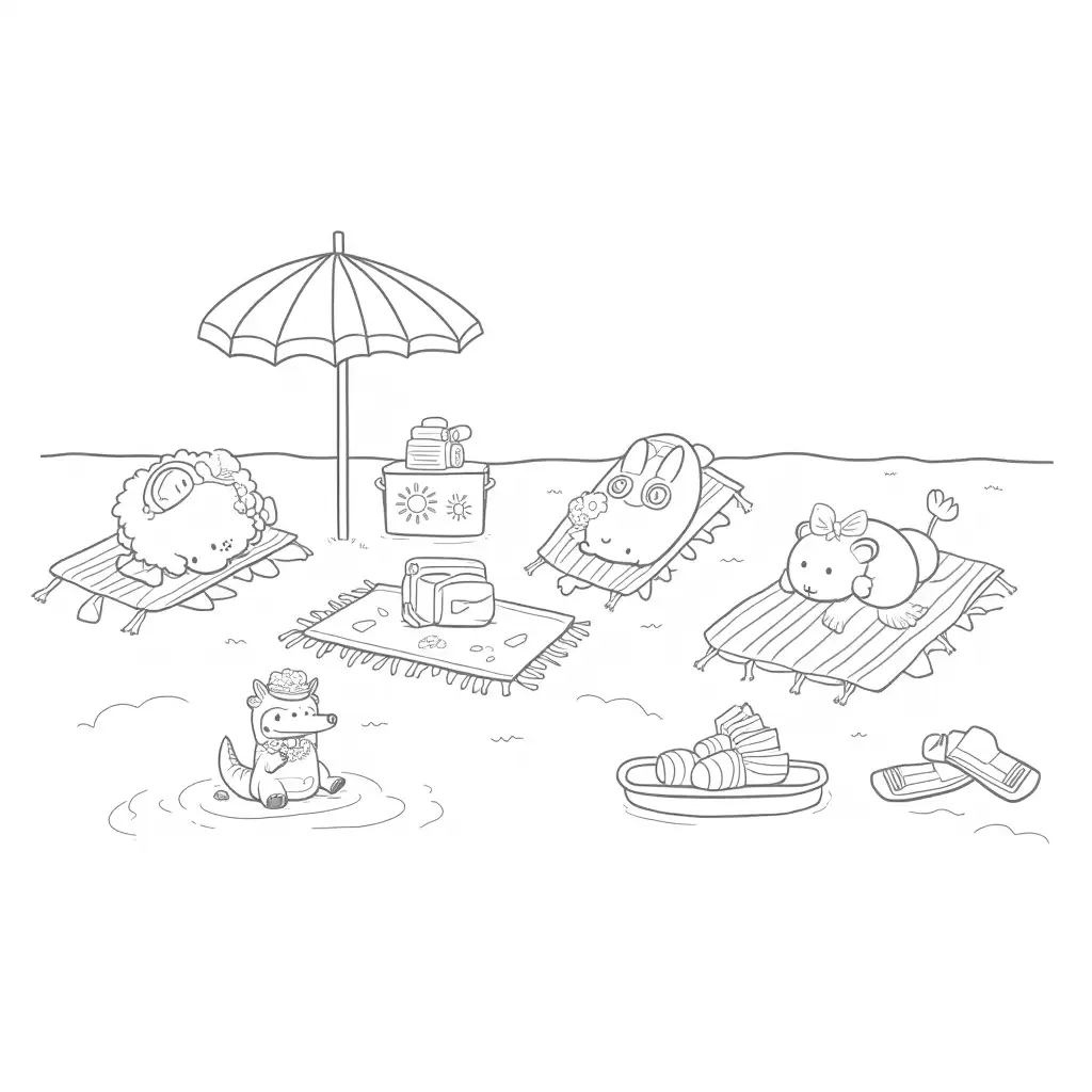 Anthropomorphic-Animals-Enjoying-a-Beach-Day-with-Umbrella-and-Picnic