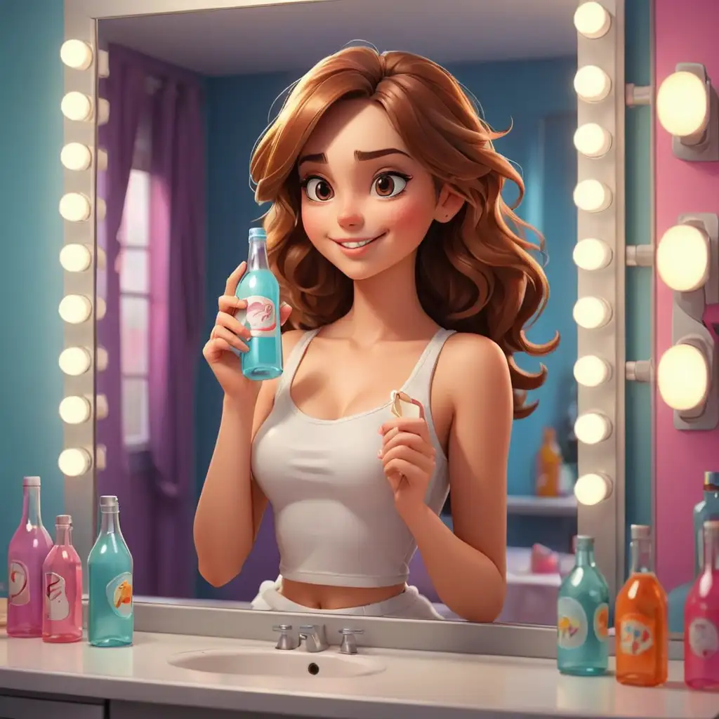 Realistic-Cartoon-of-a-Joyful-Girl-Admiring-Herself-in-a-3D-Room