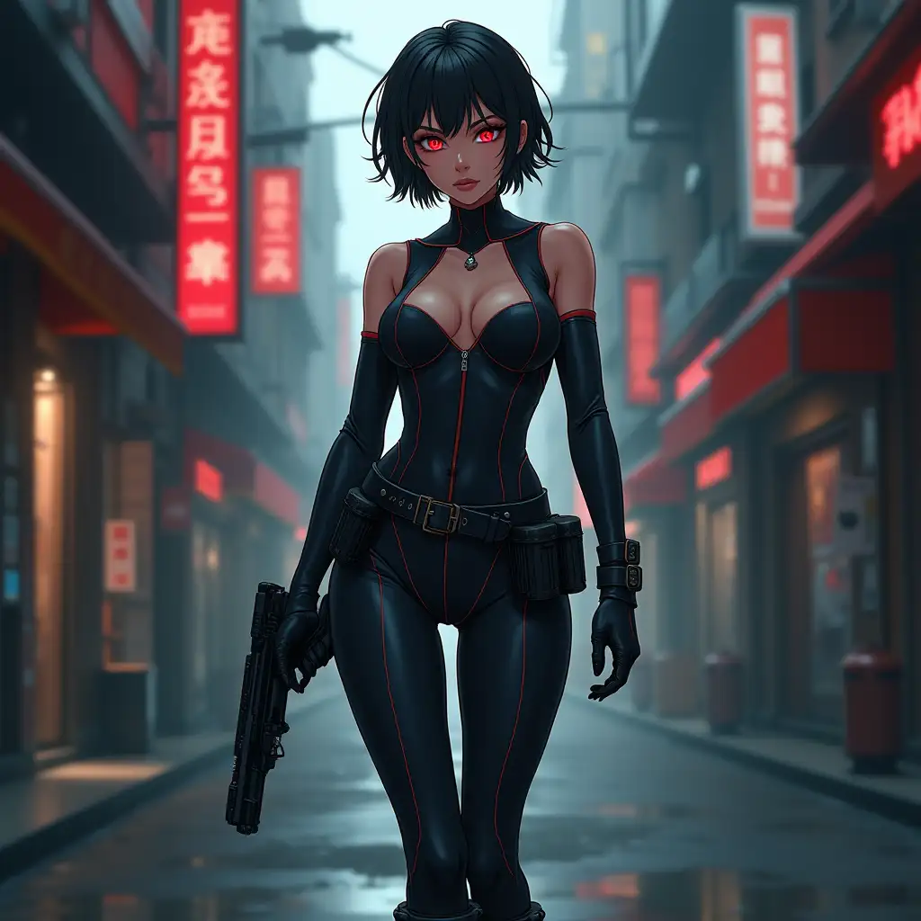 Short hair, mature Asian woman thief cyber runner in a dynamic full-length pose, eyes with red electronic pupils, large breast, extreme skintight body glove zipped down with cleavage, combat boots and combat belt. Full view of her body from boots up, low wide angle. Future store filled city alley street. Anime