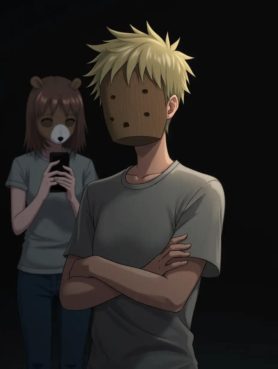 A boy with blond hair is standing with his arms crossed. He is wearing a wooden mask on his face. There is a girl in t-shirt and jeans on the background. She is wearing a mask of a bear. She is looking at her phone. The picture is dark and creepy. Anime style.