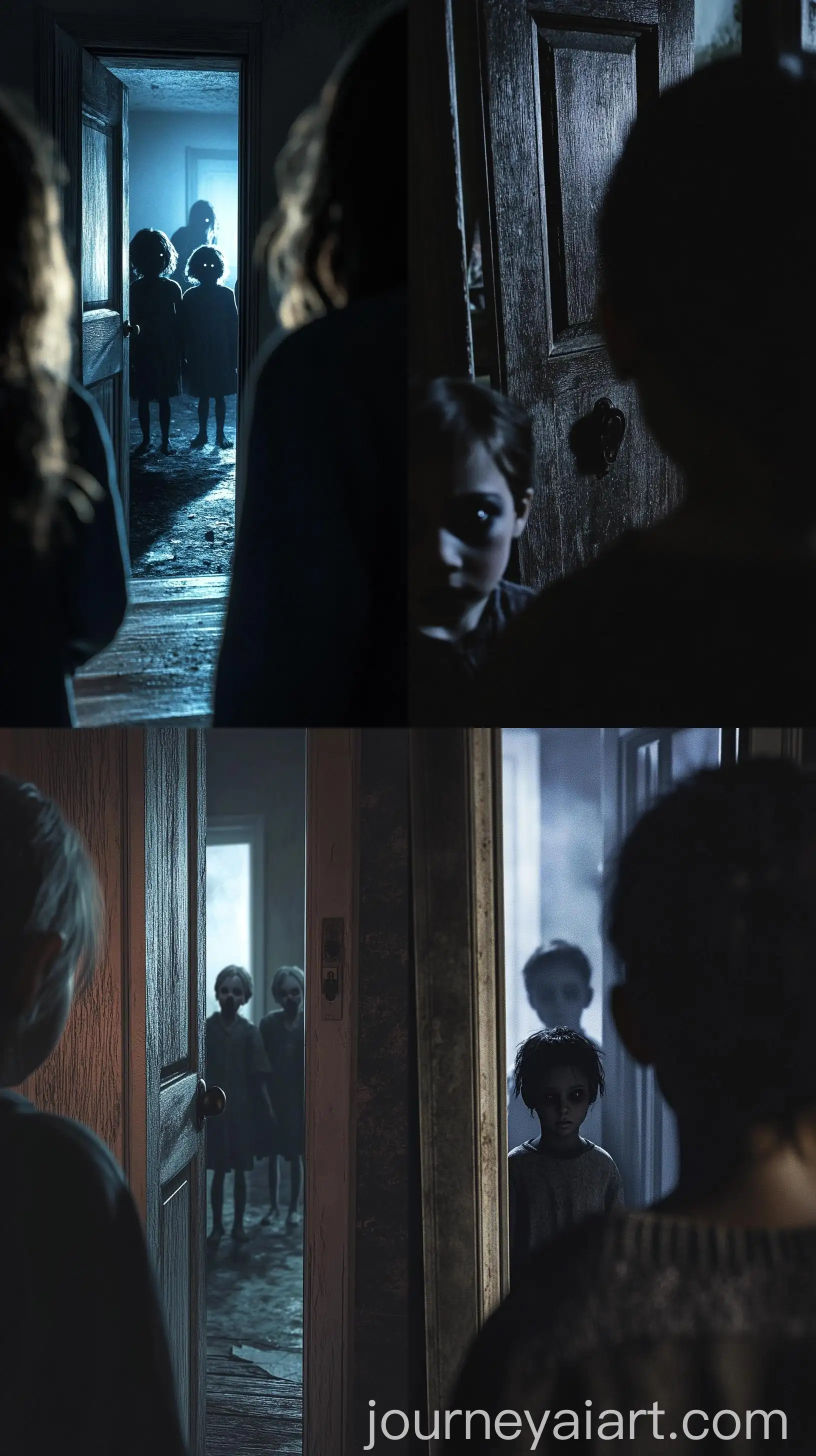 Person-Looking-Through-Peephole-at-Eerie-Children-on-Doorstep