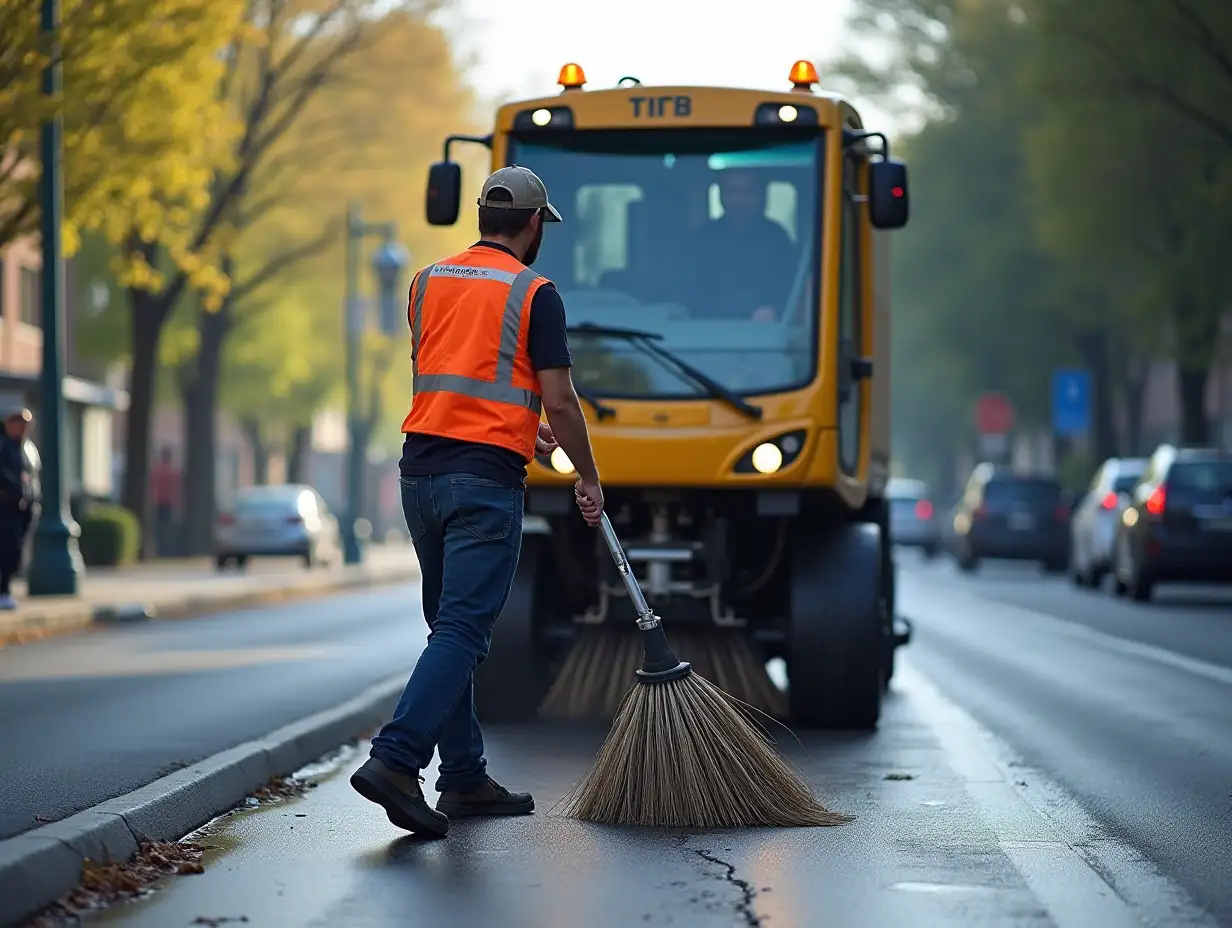 A man on Road sweeper cleaning city street with broom tool