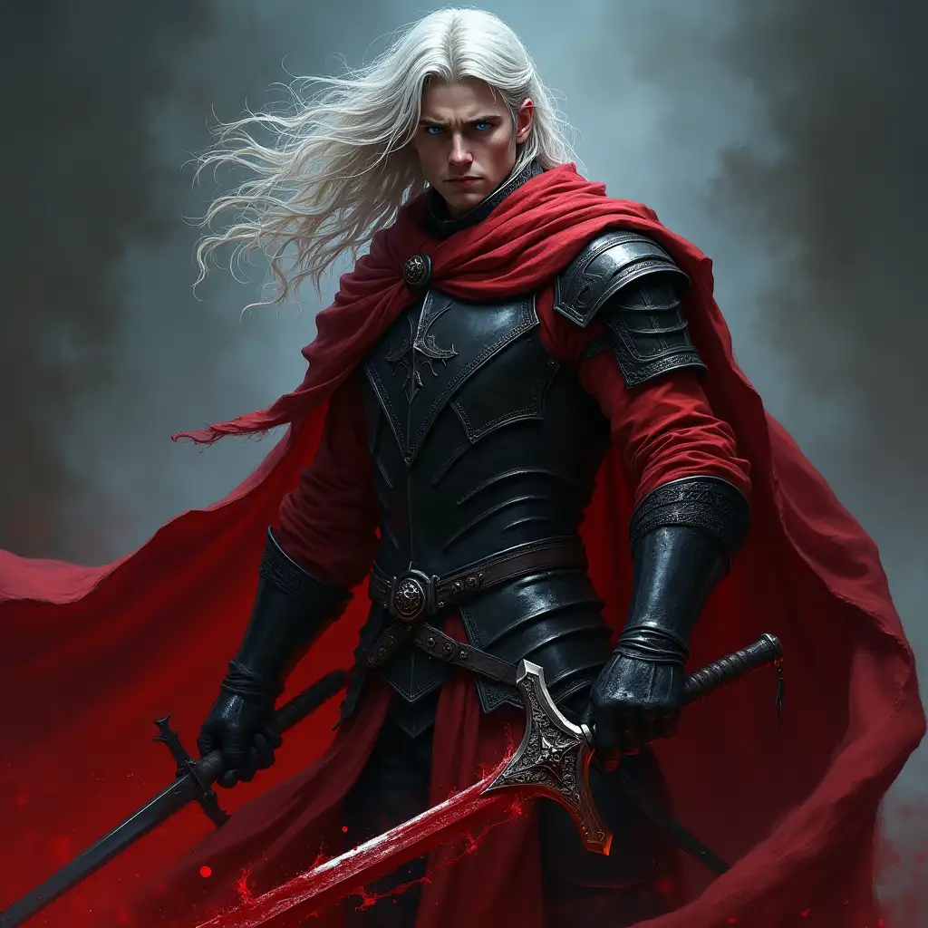 Dark fantasy, male character, knight of blood, ((armor)) of black metal, red clothes, ((rolled-up sleeves)), ((bare forearms and hands)), dark red cloak, blue eyes, long wavy pale hair, bloody saber, ((long hair)), cloak fluttering in the wind, (((blood magic))), ((curved)) sword all in blood, stern face, dynamic pose, medieval gothic, (scars on hands)