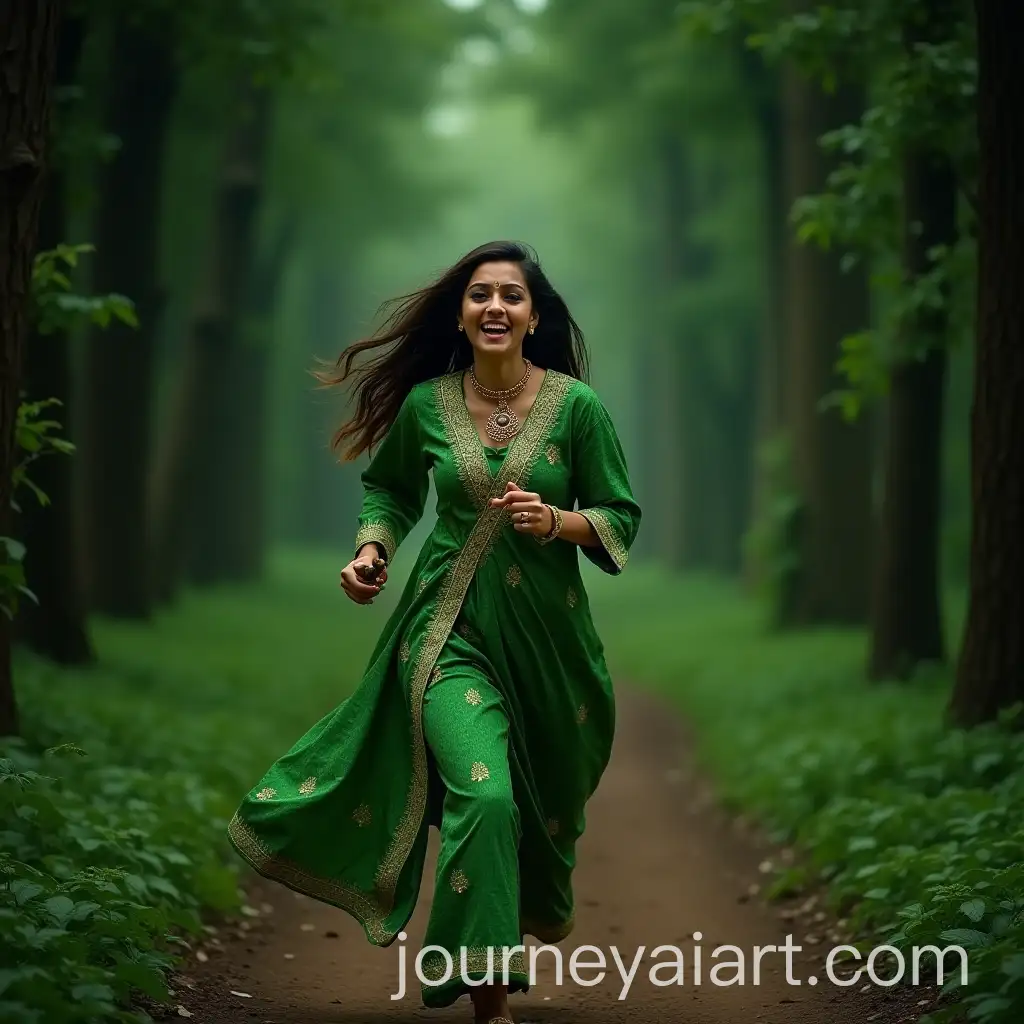 Woman-in-Green-Traditional-Outfit-Running-Through-Lush-Forest