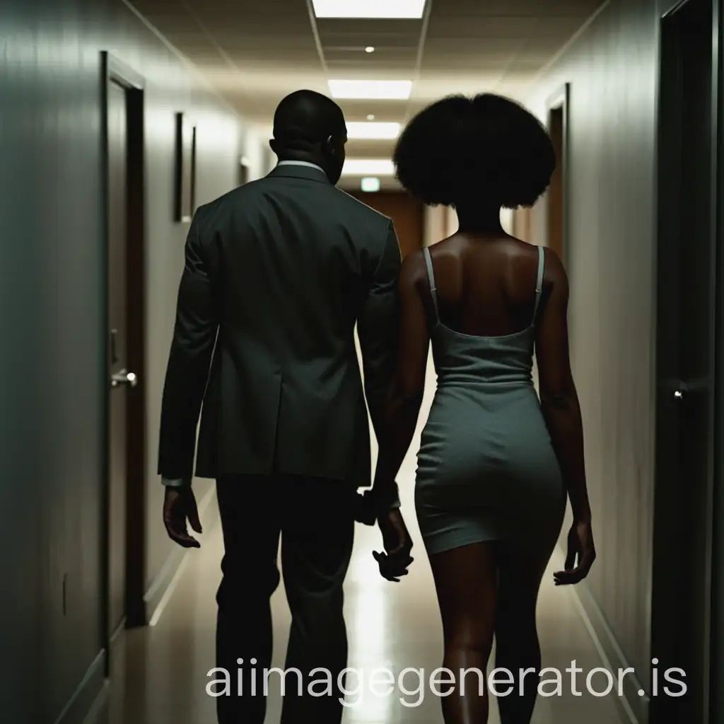 Black-Woman-Walking-Away-from-Black-Man-in-Dimmed-Corridor