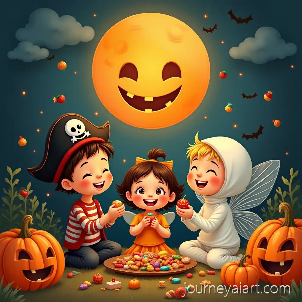 Children-in-Costumes-Sharing-Candies-Under-Smiling-Orange-Moon