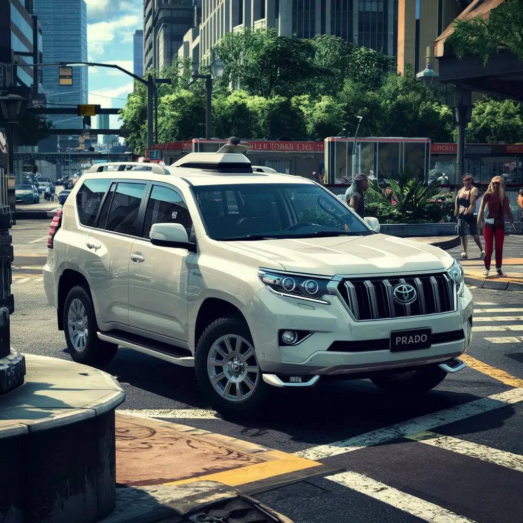 White Prado Car in City Environment Passenger Pickup Scene