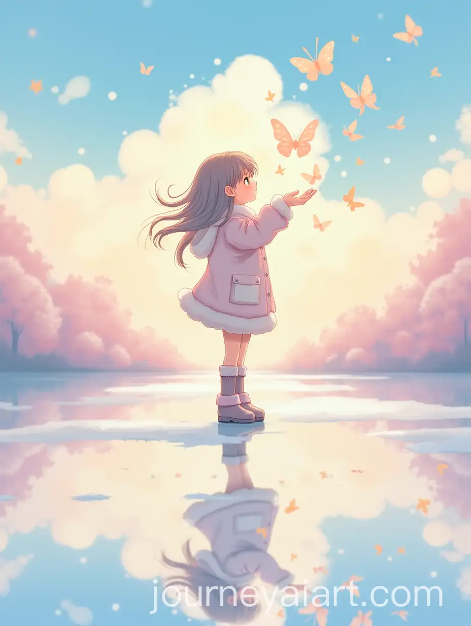 Young-Girl-on-Frozen-Lake-with-Butterflies-in-Dreamy-Pastel-Landscape