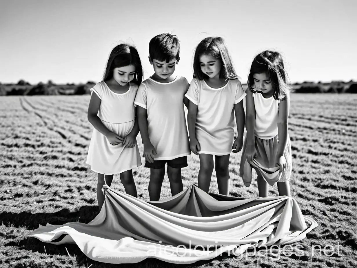 Shot of boys and girls working with torn and dirty clothes, sad facial features, in the field in black and white without grayscale, Coloring page, black and white. Make it easy to color , Coloring Page, black and white, line art, white background, Simplicity, Ample White Space. The background of the coloring page is plain white to make it easy for young children to color within the lines. The outlines of all the subjects are easy to distinguish, making it simple for kids to color without too much difficulty