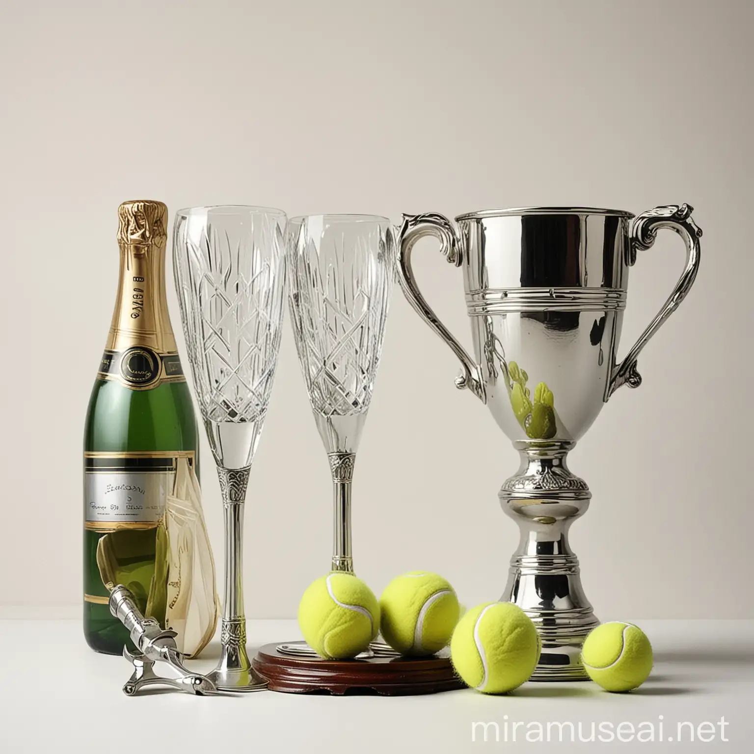 Vintage Tennis Still Life with Trophy and Champagne Flutes