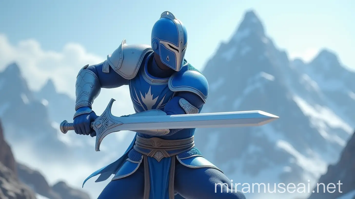 Dynamic Warrior in Blue and White Armor with Sword in Mountainous Setting