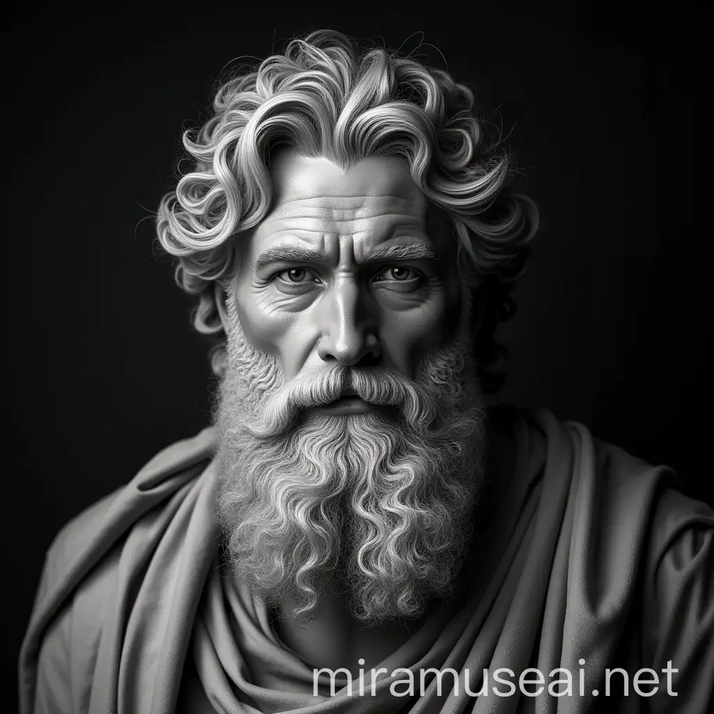 Portrait of a Greek God with Magnificent Gray Beard Blowing Out Smoke