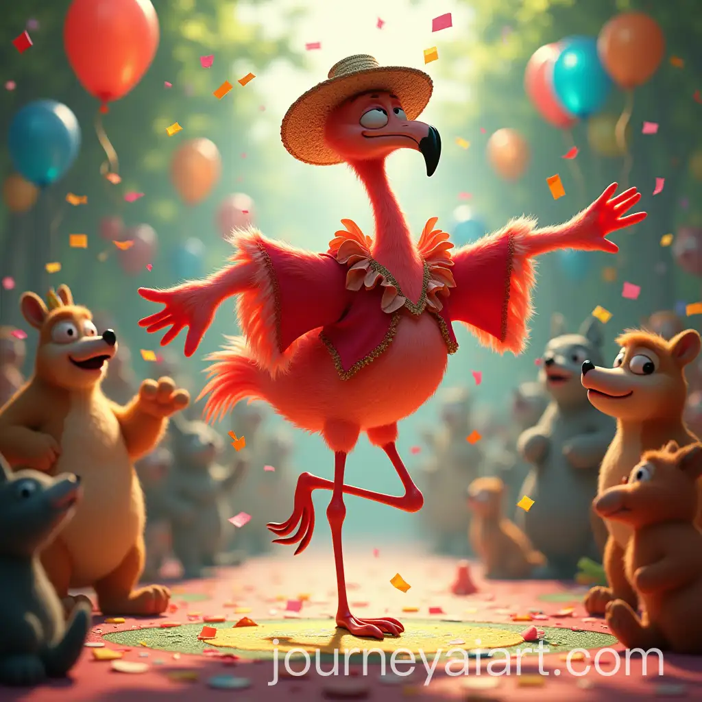 Flamingo-Salsa-Dancer-on-Colorful-Dance-Floor-with-Balloons-and-Confetti