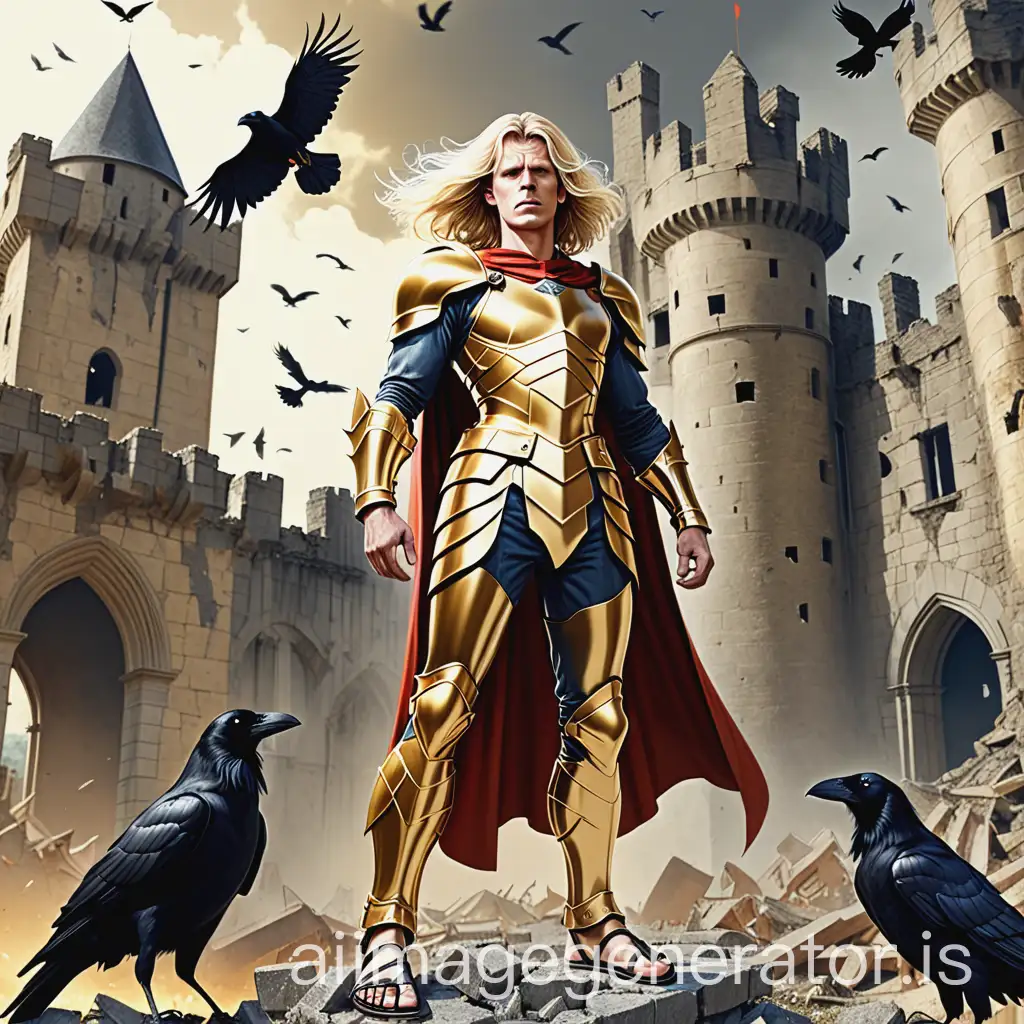 MiddleAged-Superhero-in-Golden-Armor-with-Animals-and-Ruined-Castle-Background