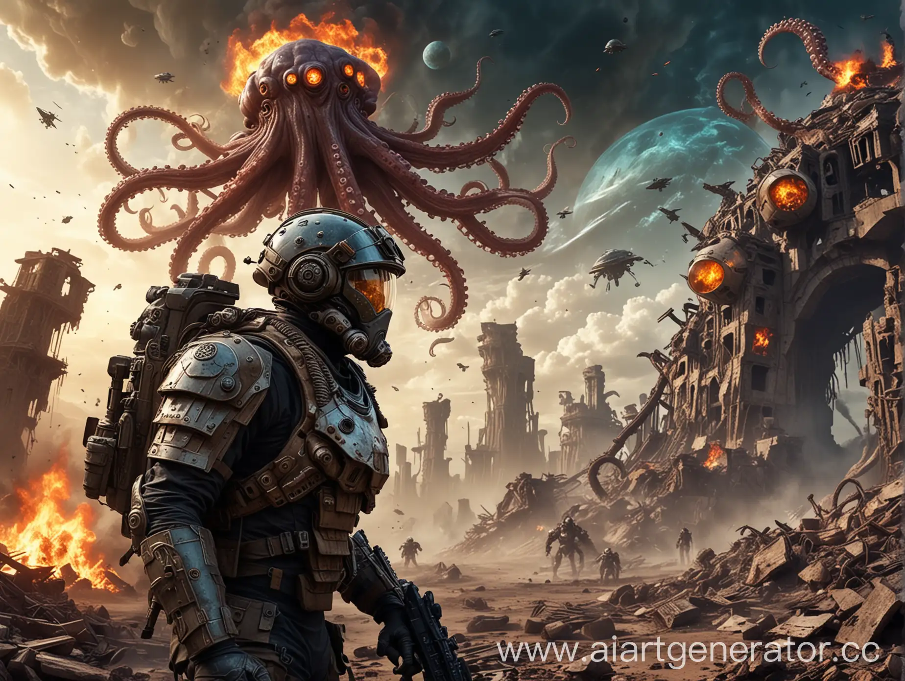 Soldier-Battling-Alien-Octopus-on-Wartorn-Battlefield