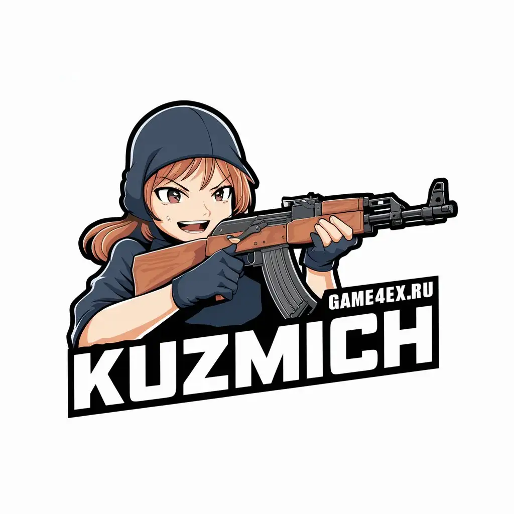 Логотип "kuzmich" с маленькой надписью "GAME4EX.RU", фоне аниме-девочка с ak-47 из cs:go и в балаклаве, основной стиль аниме