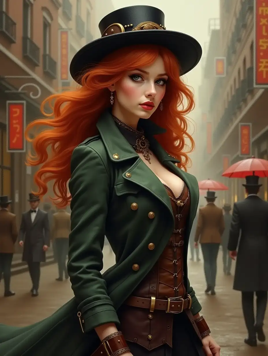 artist painting, gorgeous ginger hair girl, steampunk look, rogue, hat, trench, breasts, steampunk aesthetic, flirting with the camera, model posing, from sideways shot, dynamic angle shot, victorian steampunk city background, atmospheric, masterpiece