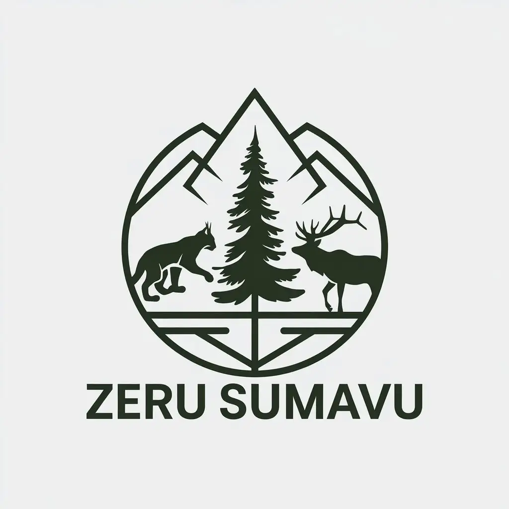 a vector logo design,with the text "ZeRu Sumavu", main symbol:a vector logo design, simple, main symbol: in midle Spruce, mountains Inside the logo, left: lynx and elk Right: ski clear background Green color,Minimalistic,clear background