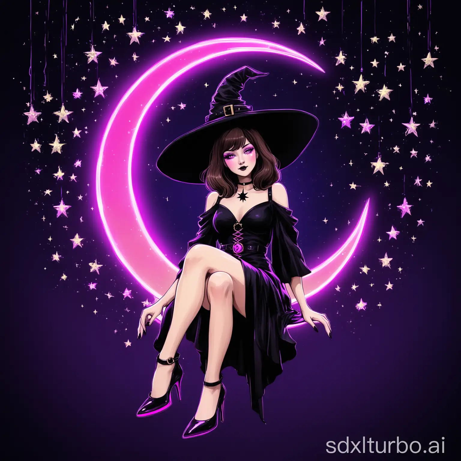 Witchy-Woman-Sitting-in-Neon-Crescent-Moon