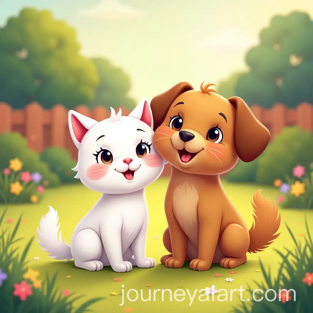 Cute-White-CatAI-Art-Prompt-Expansion-and-Brown-Dog-Sitting-Together-in-a-Colorful-Backyard
