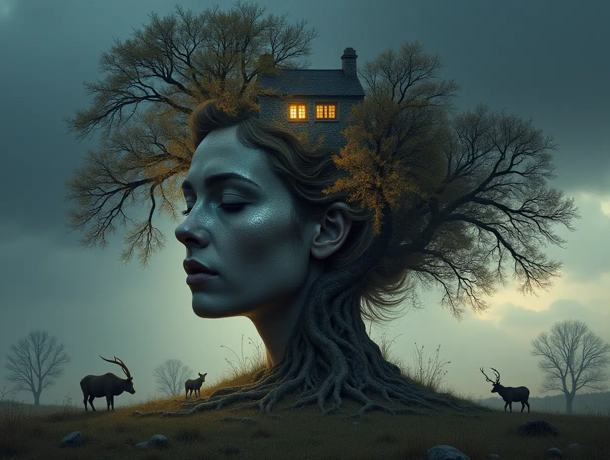 Face with hair transformed into a building with silver stone and illuminated trees with roots and lantern on a meadow with animals