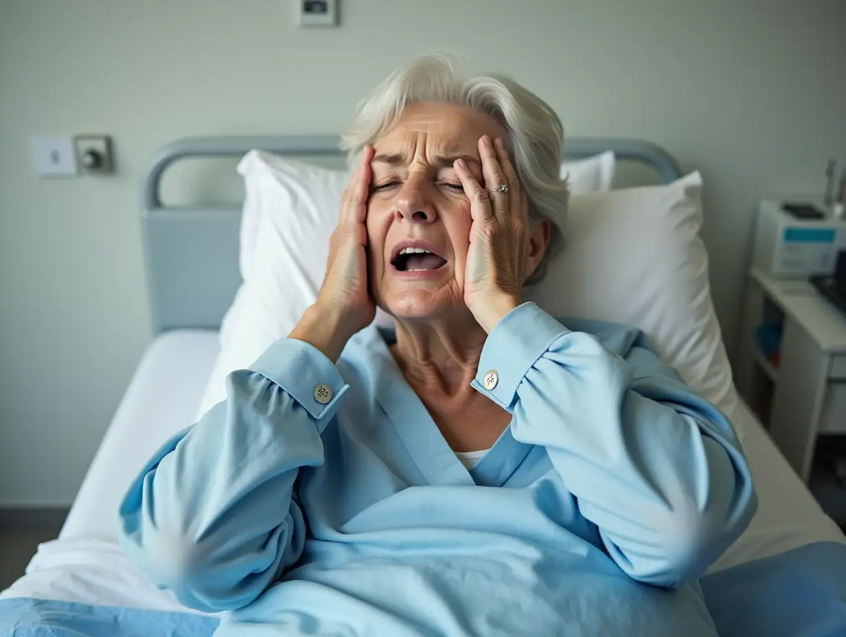 upset senior woman with cancer sitting on bed in hospital