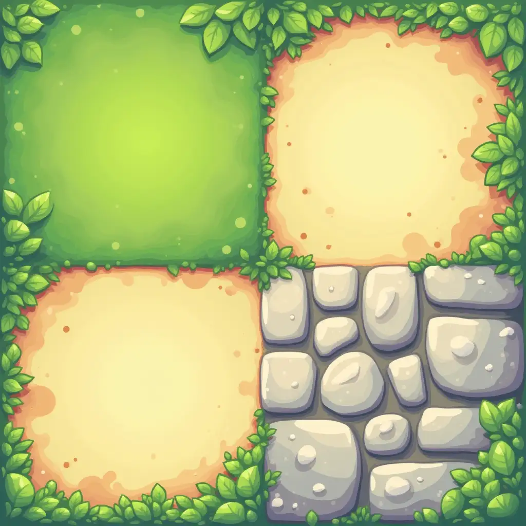 Draw a top view tile set. One is grass, one is sand and one is stone. The style is cartoonish and the tiles must fit together