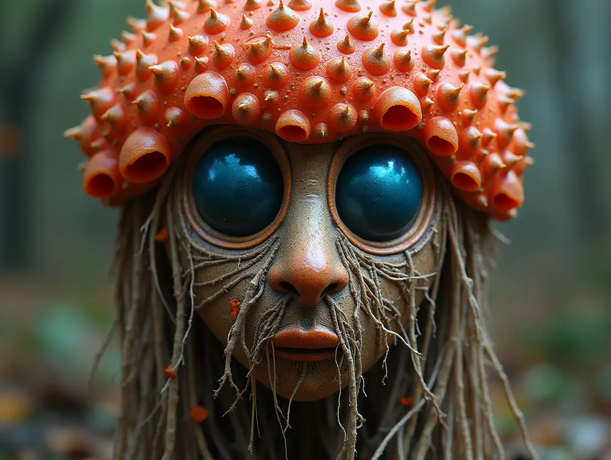 Face with blue Fly AgaricnRoots turned into building
