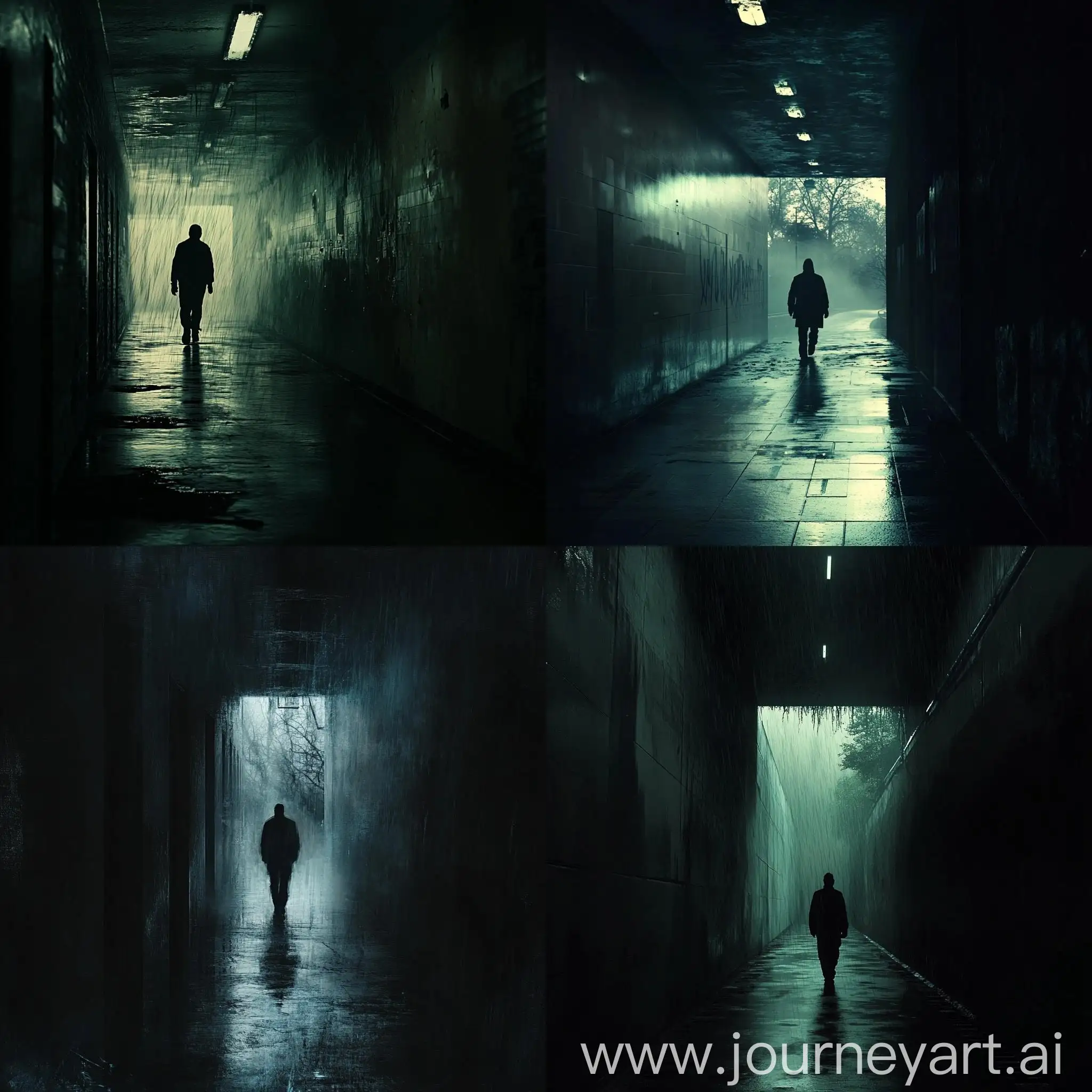 Melancholic-Figure-Walking-in-Shadowy-Corridor-with-Flickering-Lights