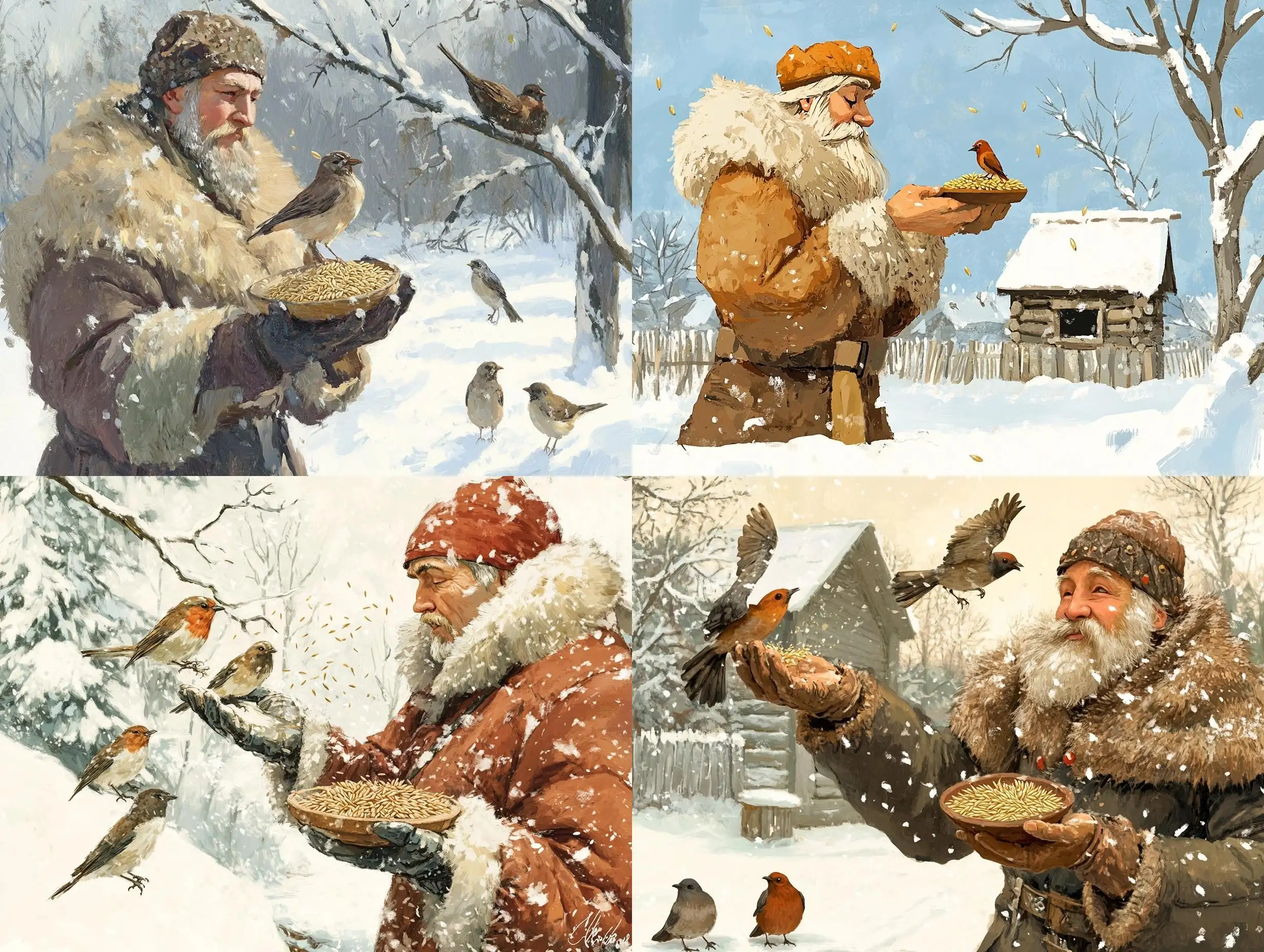 Cossack-Making-Bird-Feeders-in-Winter-with-Wheat-Grains