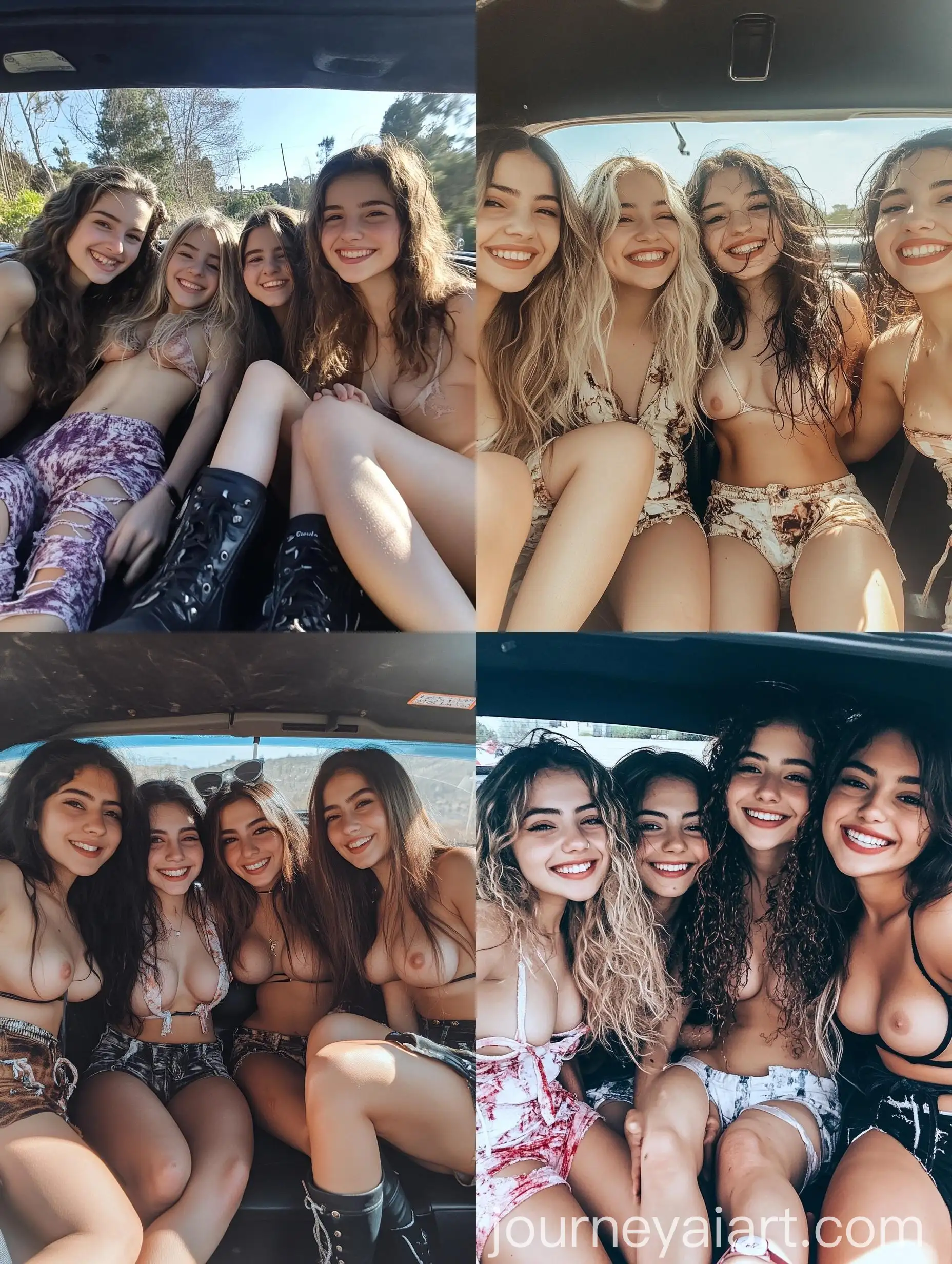 Four-Girls-in-Convertible-Car-Pajamas-and-Makeup-Selfie