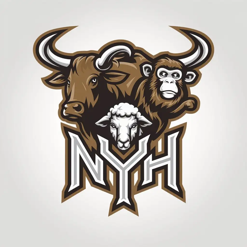 a vector logo design,with the text "NYH", main symbol:ox, sheep, monkey,complex,clear background