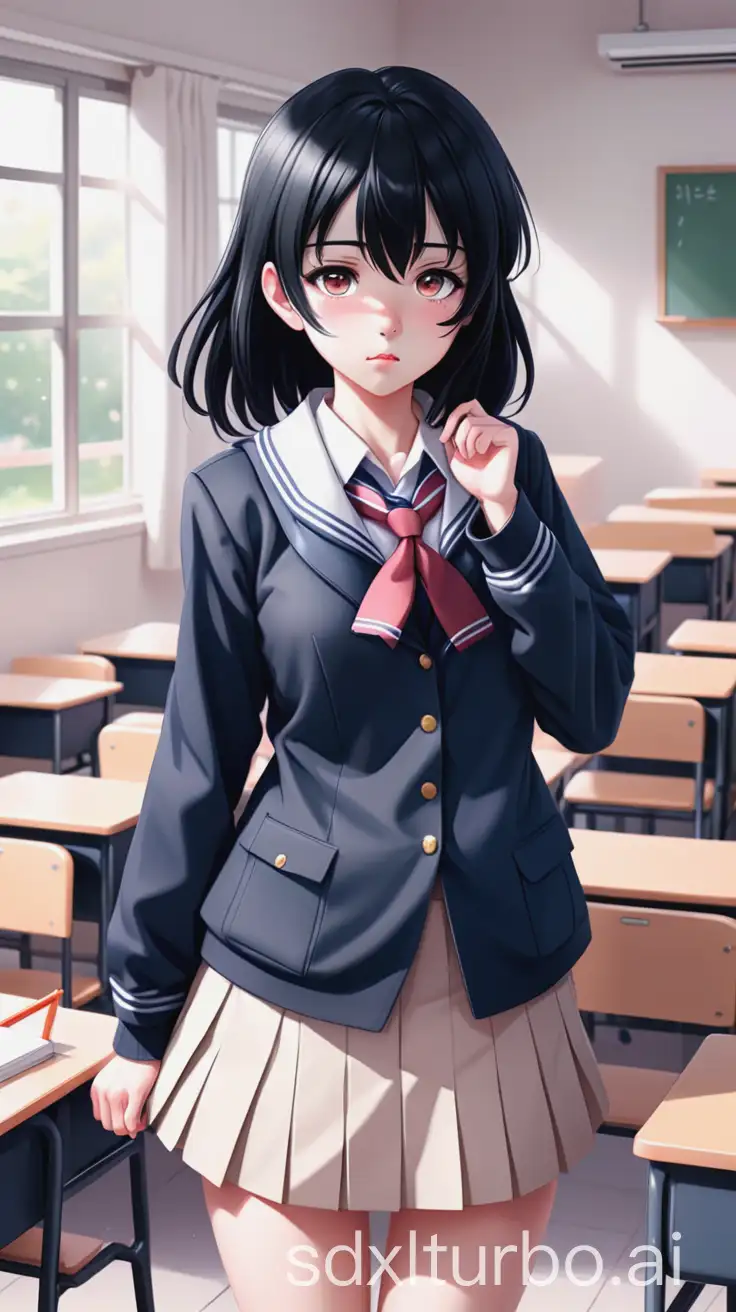 Anime style, girl, black hair, a good student in school uniform, quiet and cute, with a blush shy appearance