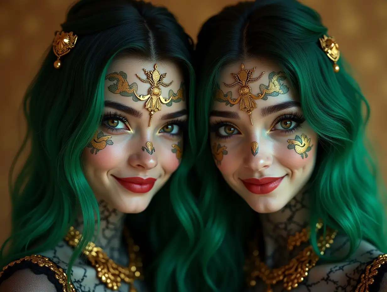 Two young black and white patternnGirls with Alien face,withngreen hair, with a lightnsmile on her face,highlightingher smile, modern retronjewelry,in a temple much Goldndifferent shades 4k