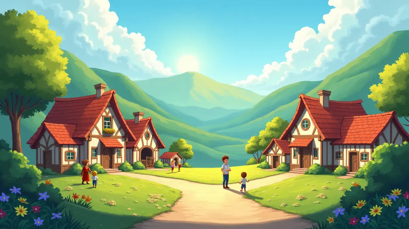 Peaceful-Village-Scene-with-Vibrant-2D-Fantasy-Animation