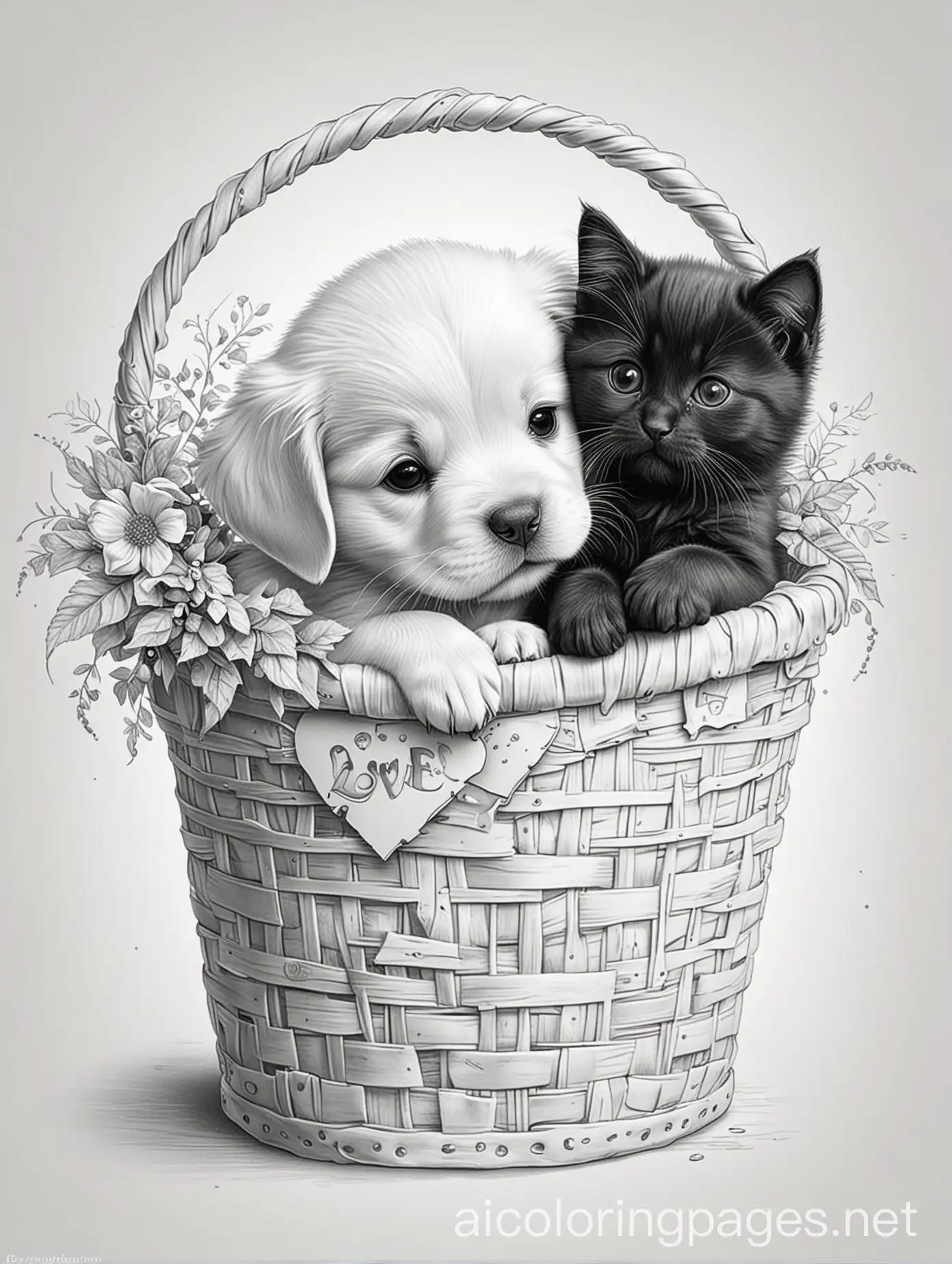 Golden-Retriever-Puppy-and-Black-Kitty-Cuddling-in-Heartdecorated-Basket