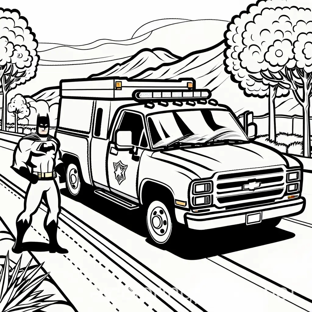 A superhero clears a roadblock so emergency vehicles can get to an accident faster, Coloring Page, black and white, line art, white background, Simplicity, Ample White Space. The background of the coloring page is plain white to make it easy for young children to color within the lines. The outlines of all the subjects are easy to distinguish, making it simple for kids to color without too much difficulty