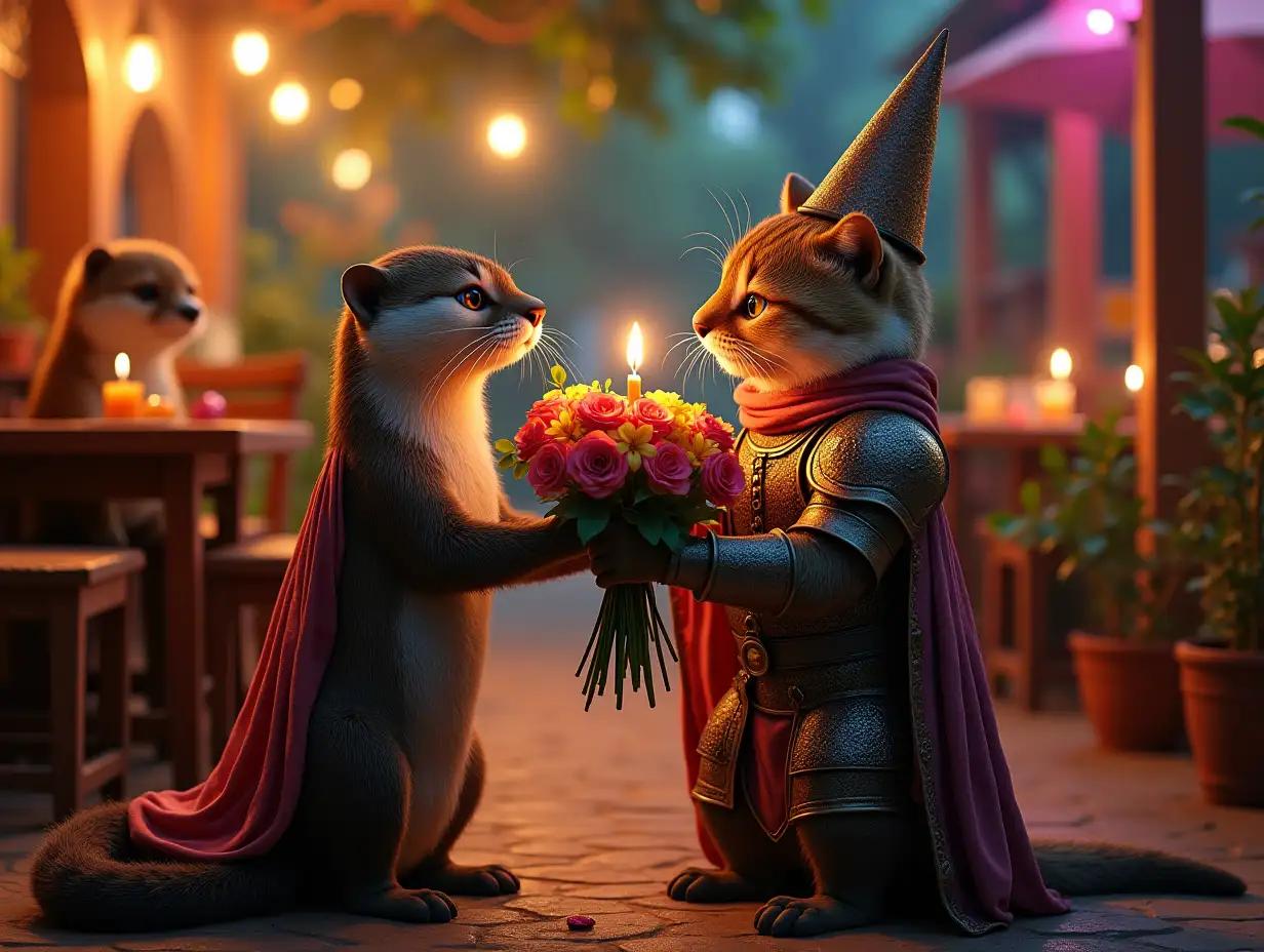 It's a birthday of Otter Queen, she is happy, Ginger Cat in knight suit, stands on one knee, presenting a beautiful bouquet of flowers, animal friends around them, location: India, Goa, boho cafe, night time, colorful ambient light and candles.