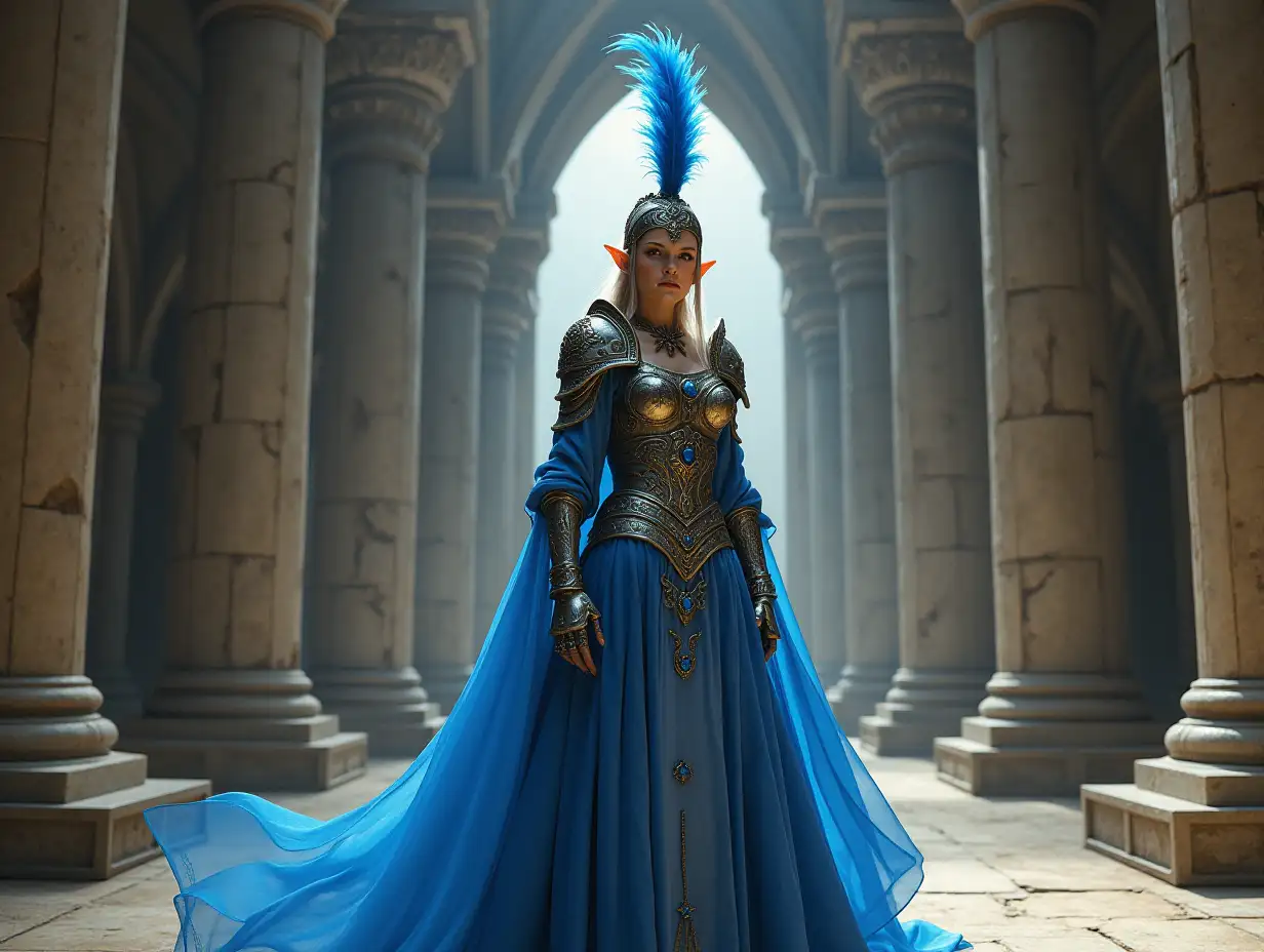 A elf queen is standing in a large hall. Her armor is adorned with intricate metal works and lapis lazuli gemstones, and a feathered helmet crowns her attire. A dress made of pale sapphire blue silk wraps around her and suggests strength and grace. She is surrounded by stone pillars with ancient runes, the vaulted ceilings high above.