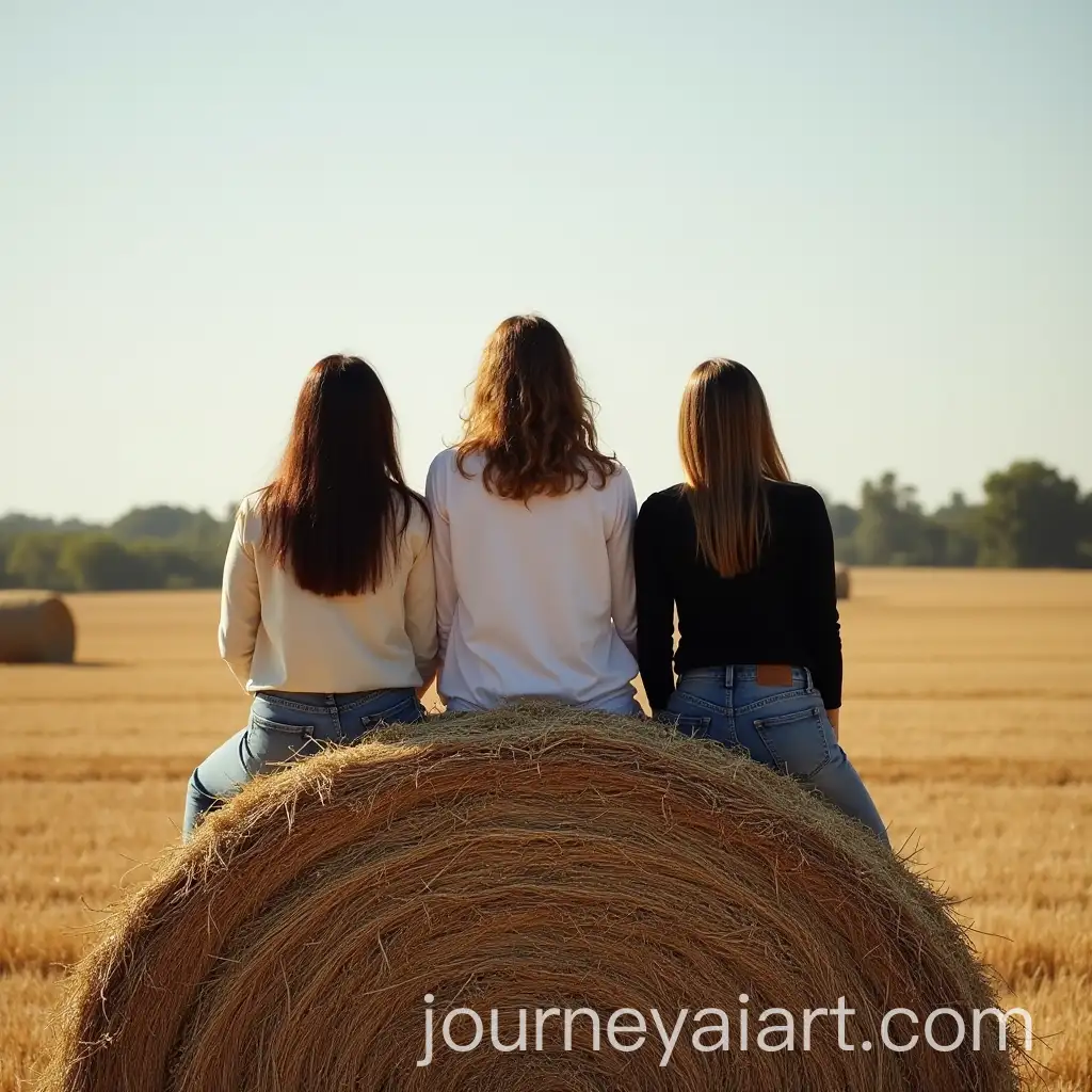 Three-Women-Sitting-on-a-Bale-of-Hay-in-a-Countryside-Setting