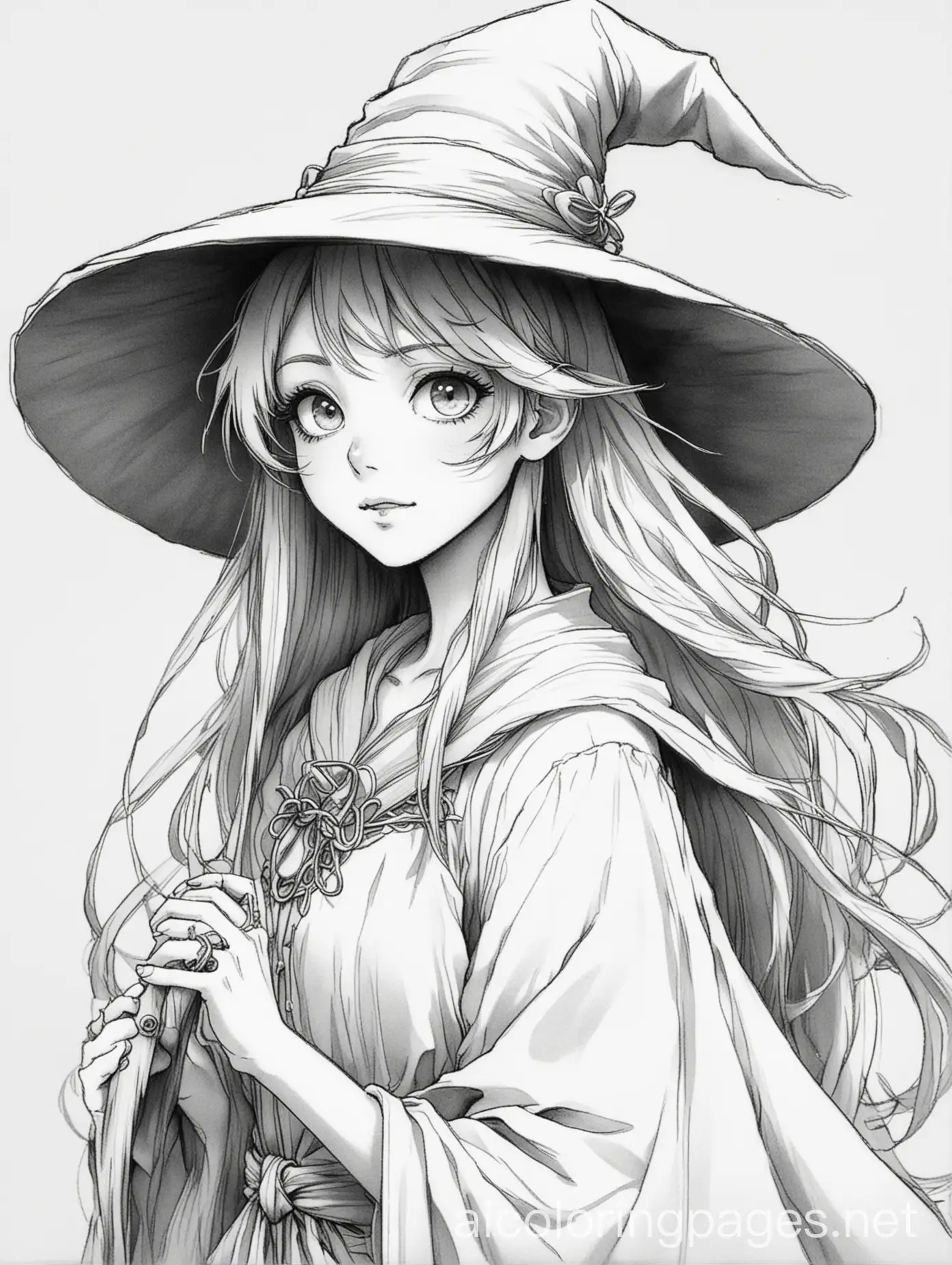 Anime-Witch-Coloring-Page-Ghibli-Style-Black-and-White-Line-Art