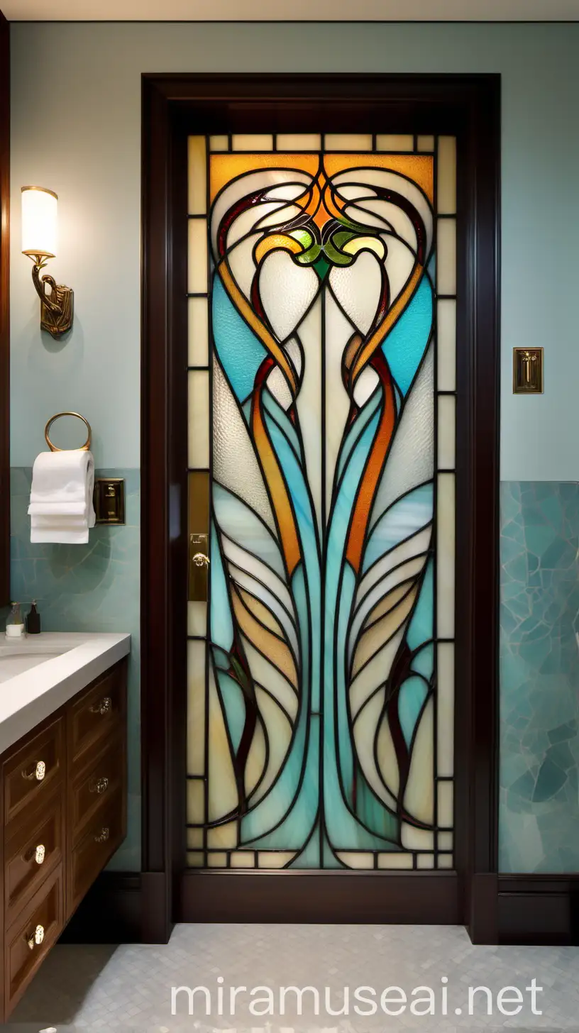 Art Nouveau Style Stained Glass Door in Bathroom with Abstract Lines